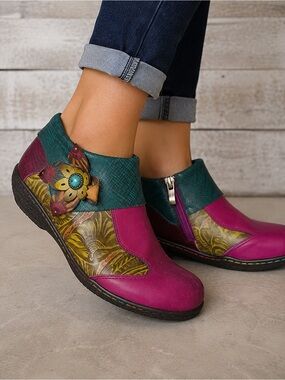 L’Artiste Socofy Colorblock Ankle Boots – Boho Floral Leather Zip Booties